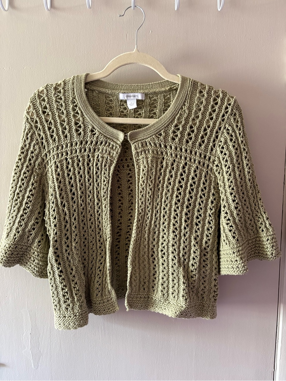Dress Barn Olive Green Open-Knit Short Cardigan